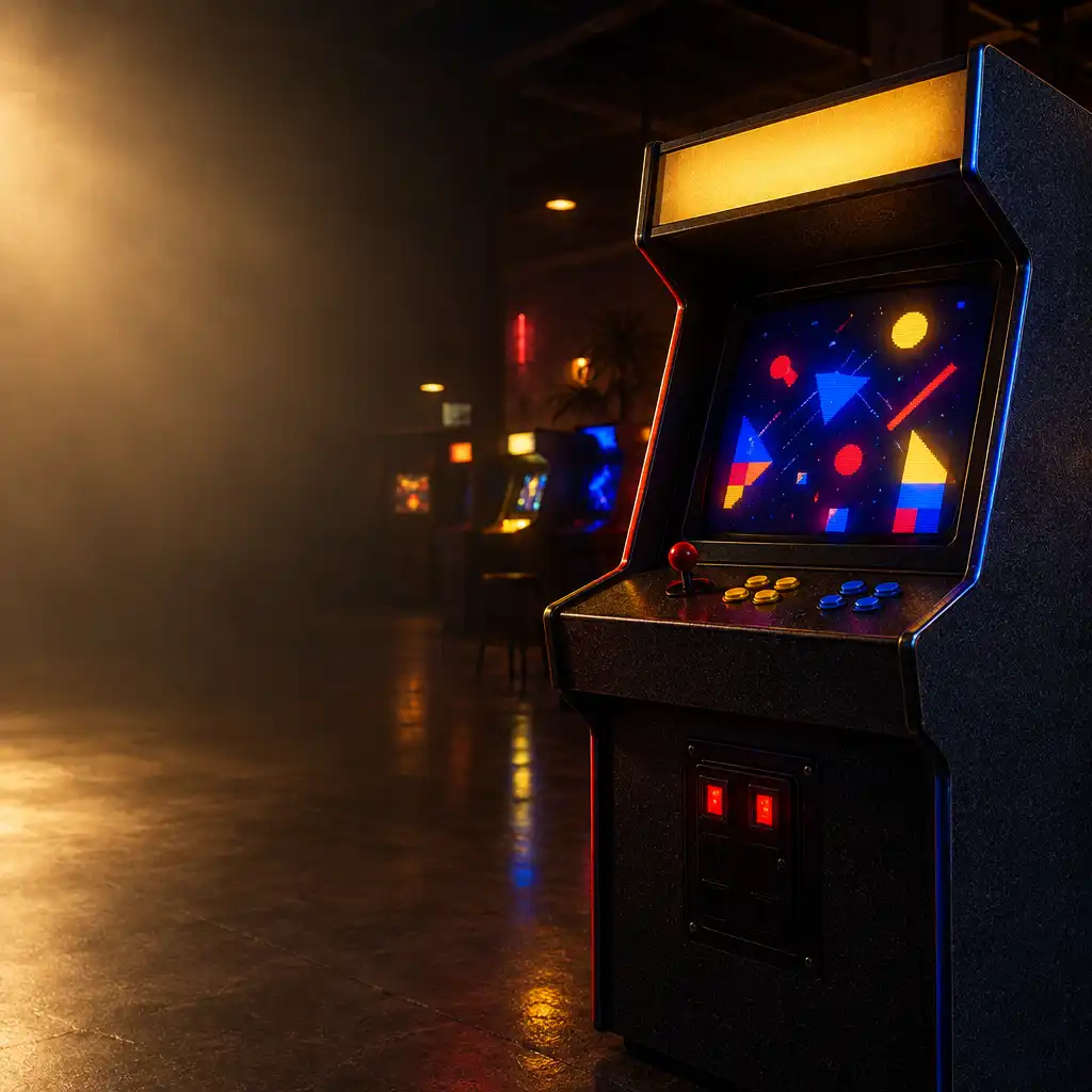 An original graphite arcade cabinet glowing in a dark, warm arcade hall