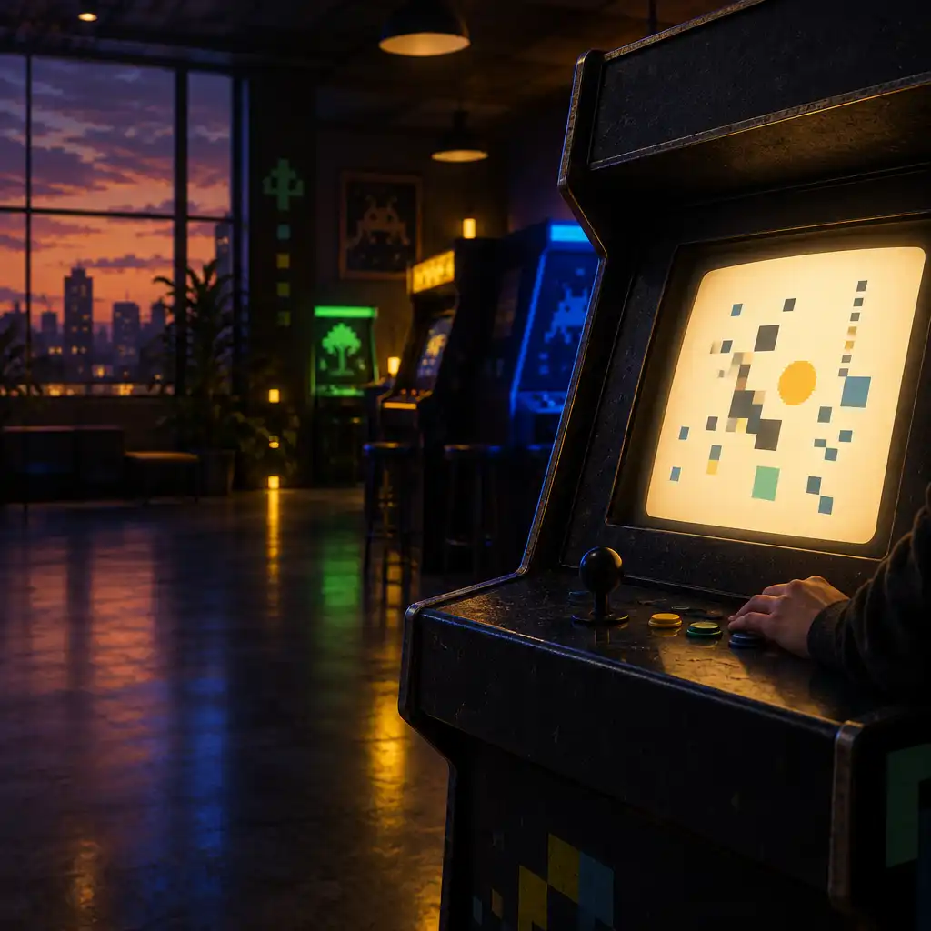 Editorial illustration of a warm graphite arcade cabinet with abstract geometric pixels on its screen.