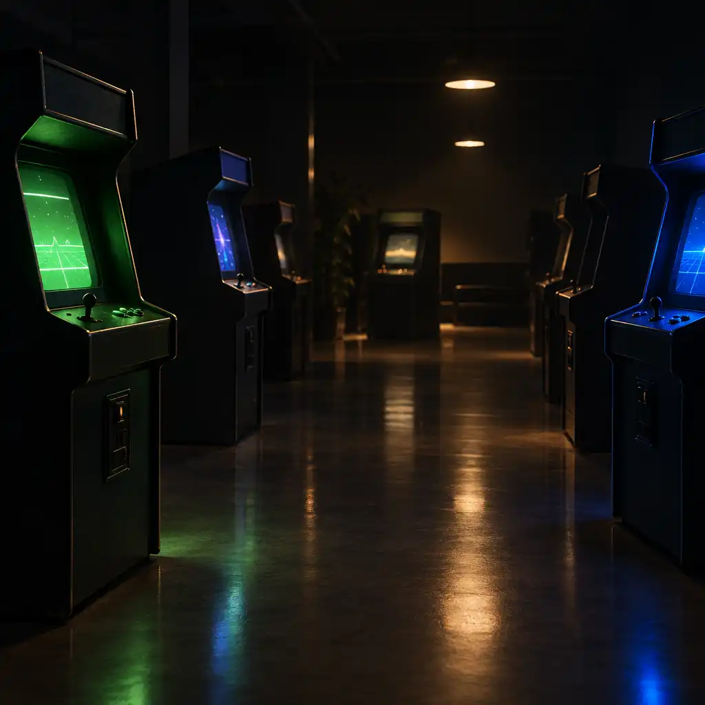 A quiet late-night arcade with unbranded graphite cabinets glowing softly in the distance