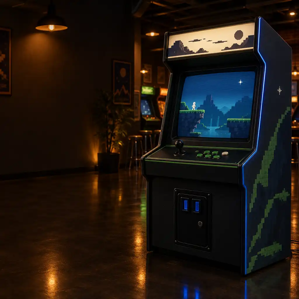 Original pixel-art platform arcade cabinet in a warmly lit dark arcade hall.