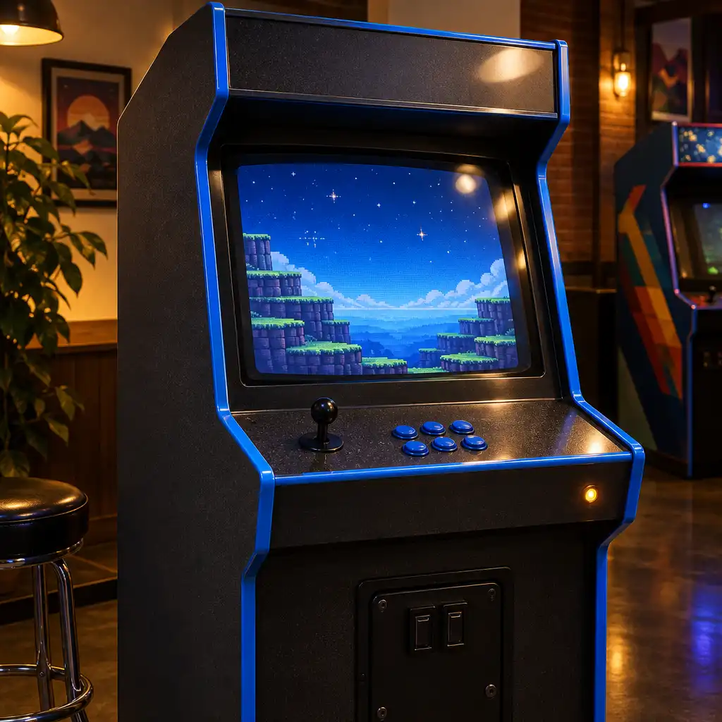 Editorial platformer mood illustration showing an original arcade cabinet with abstract pixel ledges and open sky.