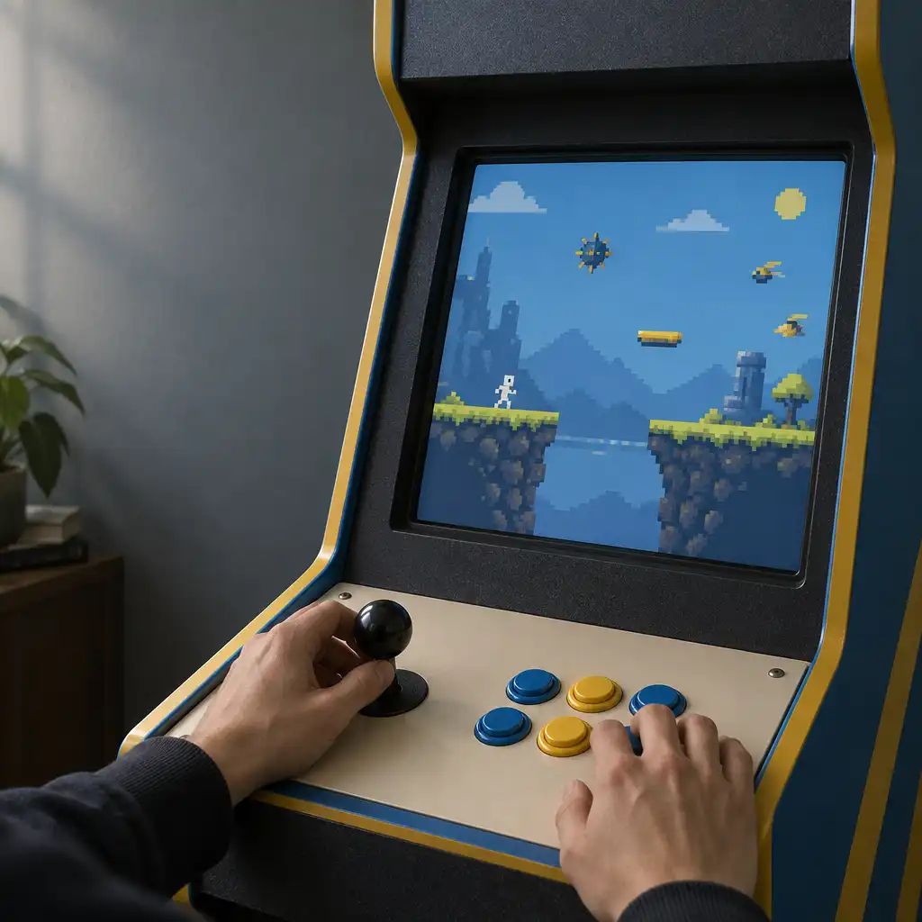 Close view of an original arcade cabinet with an abstract pixel platform scene and anonymous hands near the controls.