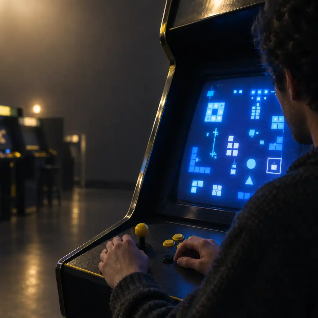 Player pausing near arcade controls while studying an abstract puzzle-like display