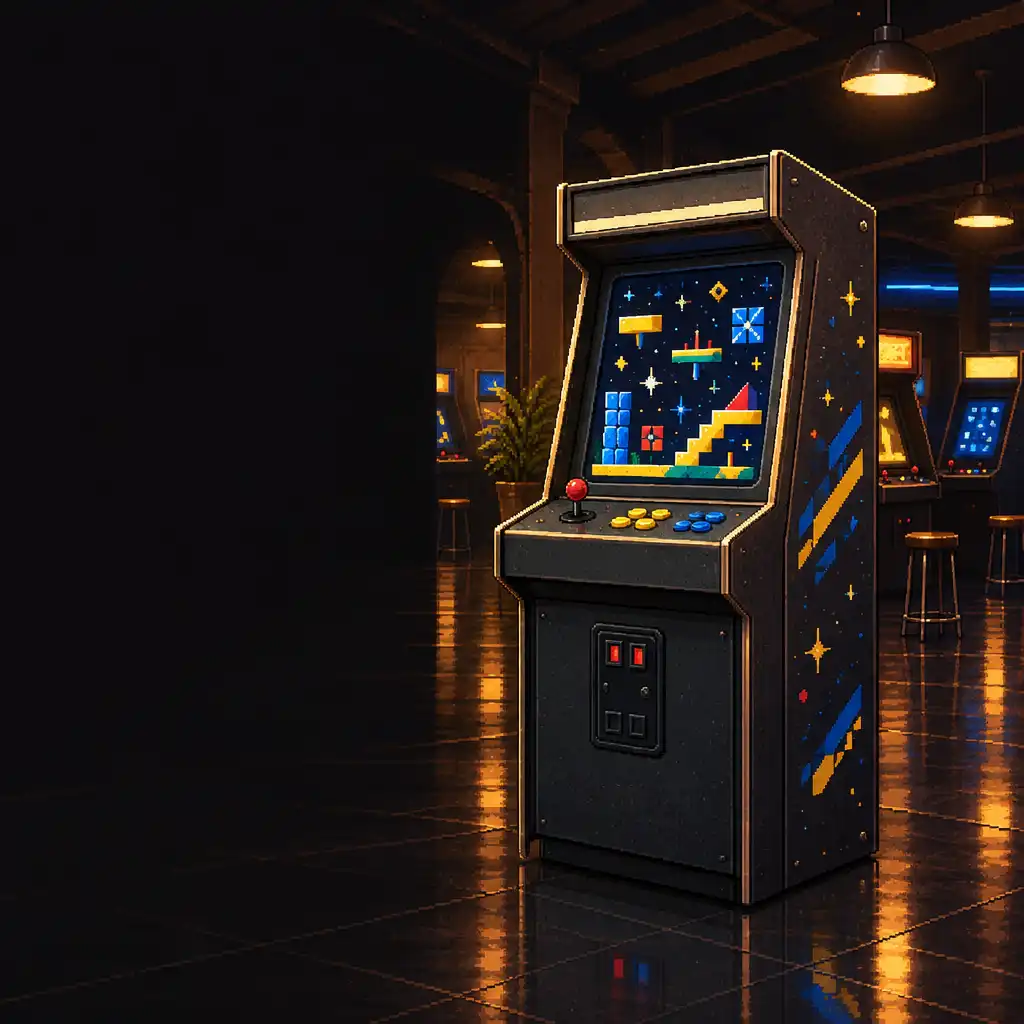 Original pixel-art arcade hall with a graphite cabinet displaying abstract geometric shapes