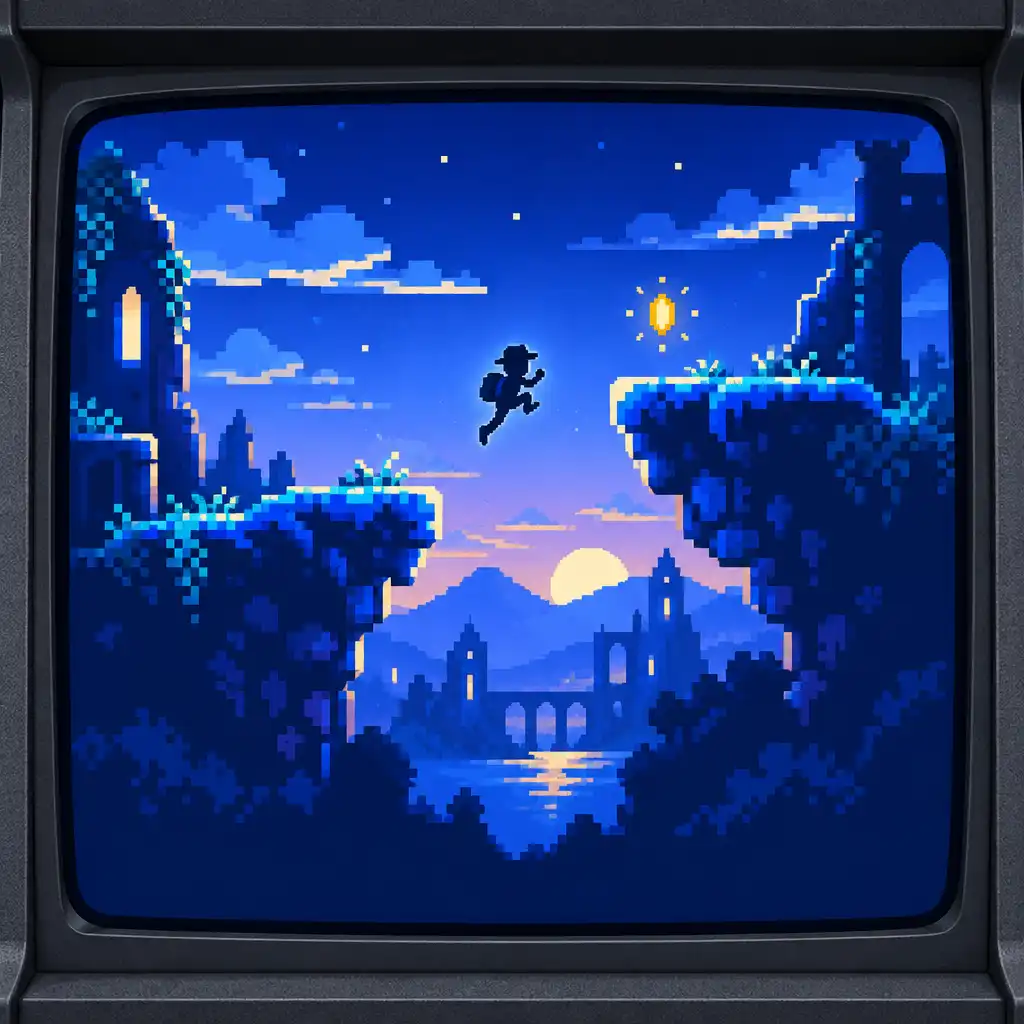 Original pixel-art platformer illustration showing an explorer jumping between geometric ledges
