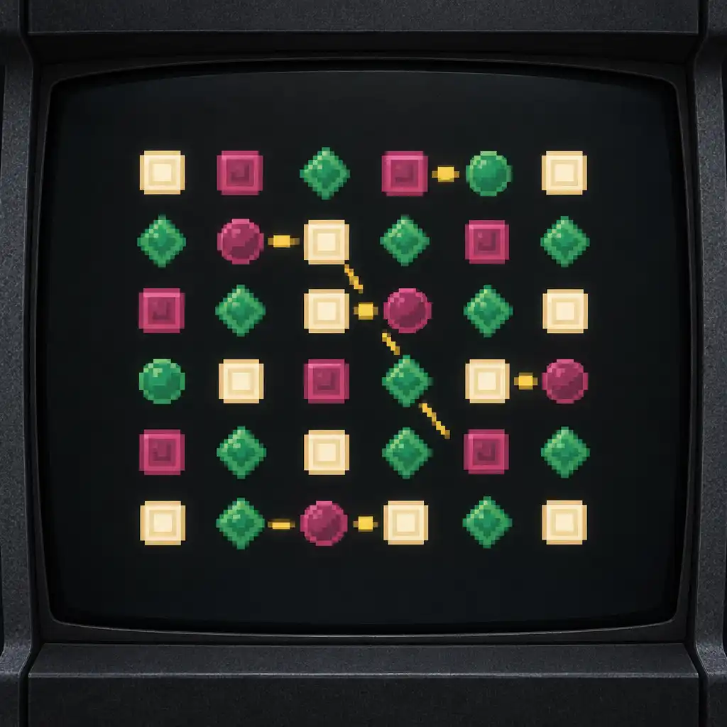 Original pixel-art puzzle illustration with luminous abstract tiles arranged in a pattern