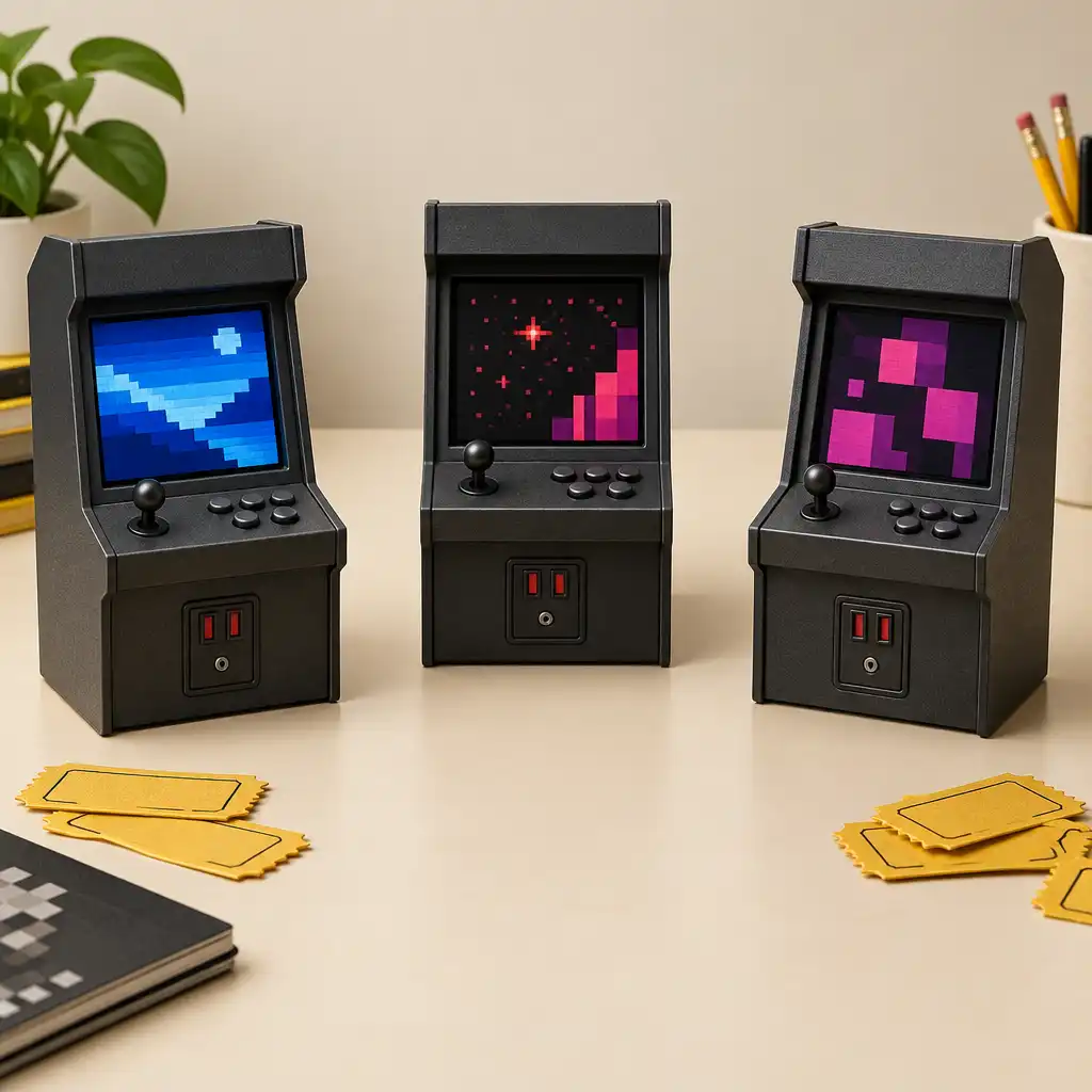 Editorial illustration of three abstract miniature arcade cabinets on a cream catalogue desk.