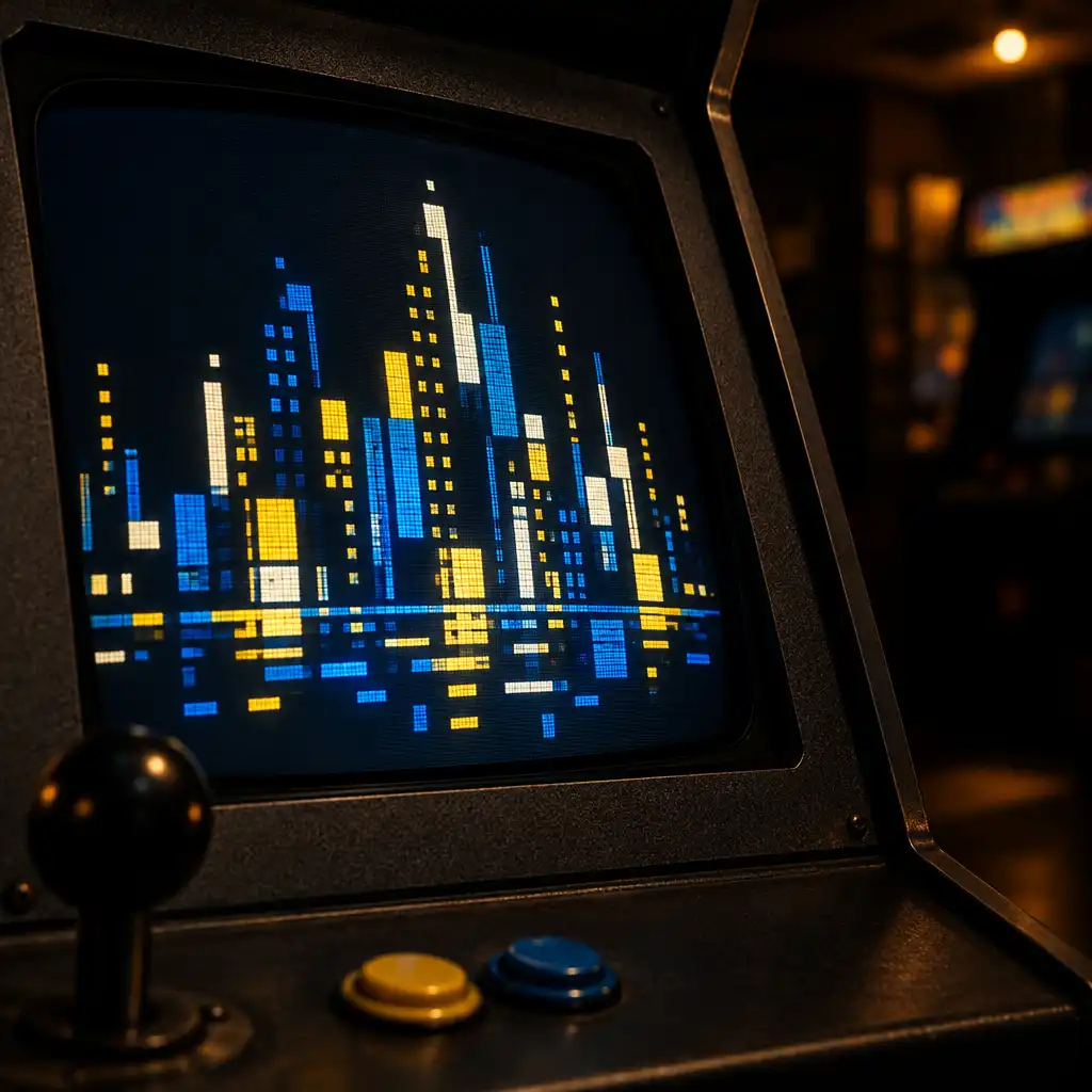 Original editorial close view of an arcade cabinet with an abstract blue and yellow pixel display.