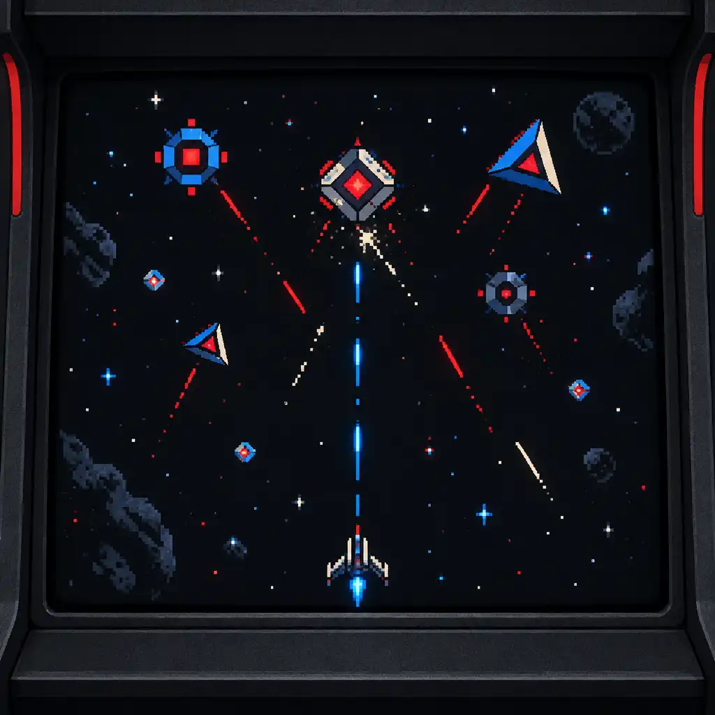 Original pixel-art shooter illustration with a small spacecraft facing abstract geometric targets