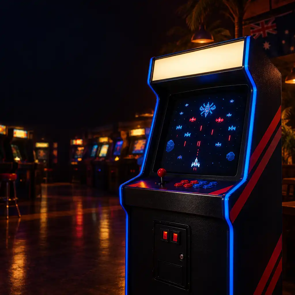 Original editorial illustration of a graphite arcade cabinet with abstract pixel shooter shapes on its screen.