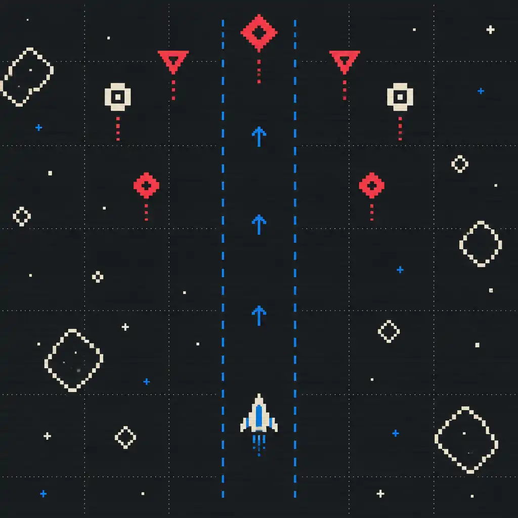 Abstract pixel-art shooter field showing a small craft, geometric incoming shapes and a clear open movement lane.