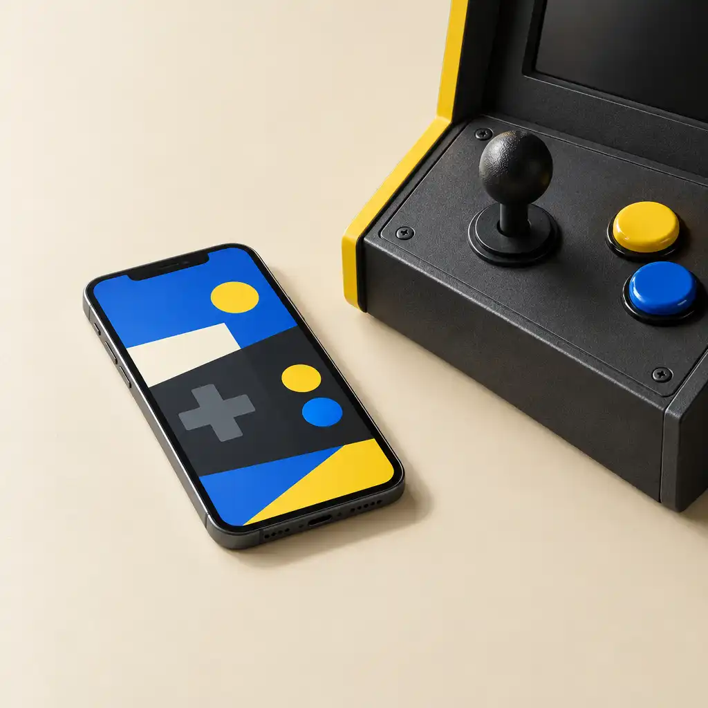 An anonymous smartphone beside an abstract graphite arcade control panel on a cream surface